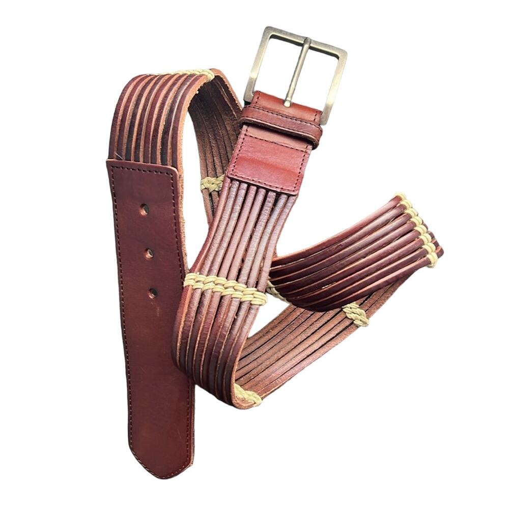 Talbots Brown Leather Strips Banded Fringe Boho Style Cowboy Carter Belt Medium